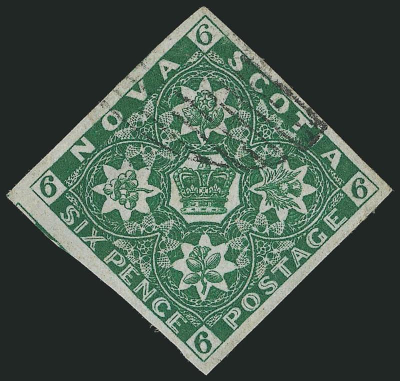 NOVA SCOTIA, 1857, 6p Dark Green (5 SG 6).> Huge margins all around incl. part of one adjoining stamp, deep rich color, light strike of oval grid cancel, Extremely Fine Gem, a superb stamp, ex Moody, SG
£750