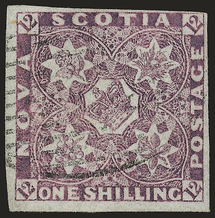 NOVA SCOTIA, 1851, 1sh Cold Violet (7 SG 7).> Ample to very large margins except a trifle close partially on one side, light oval grid cancel<><>^FRESH AND FINE. A SCARCE AND ATTRACTIVE EXAMPLE OF THE NOVA
SCOTIA ONE-SHILLING COLD VIOLET.^<><>SG