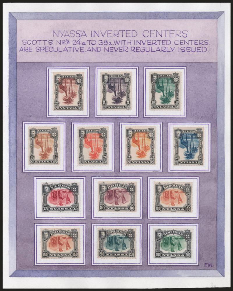 NYASSA, 1901, 2-12r-300r Giraffes and Camels, Inverted Centers (26-38 vars.).> On original hand-drawn watercolor exhibition page, Fine-Very Fine