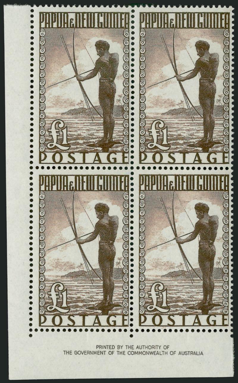 PAPUA AND NEW GUINEA, 1952, -12p-£1 Pictorials (128-136).> Mint N.H. bottom imprint margin blocks of four, fresh, Fine-Very Fine