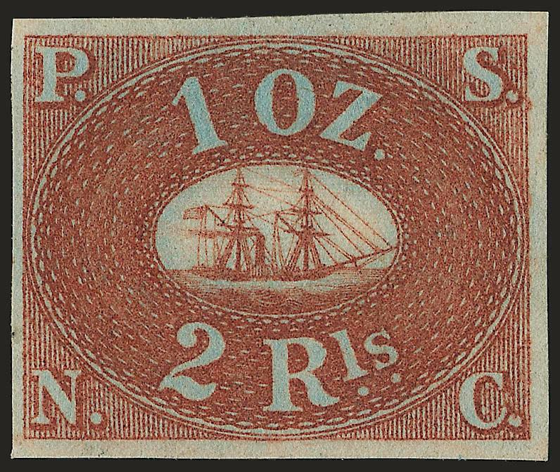PERU, 1857, 1r Blue on Blue, 2r Brown Red on Blue (1, 2).> Part original gum, ample to large margins, 1r light crease, Fine-Very Fine appearance