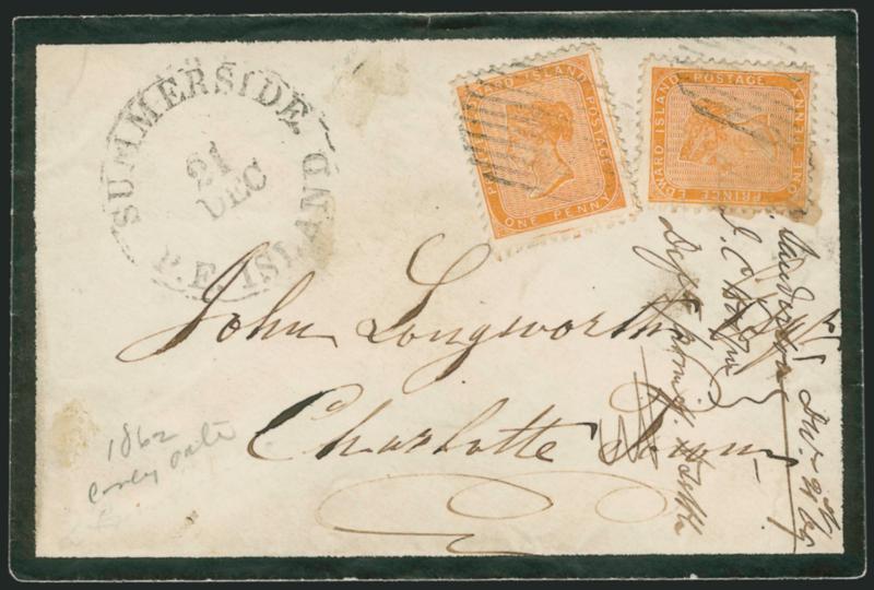 PRINCE EDWARD ISLAND, 1862, 1p Yellow Orange (4).> Two, tied by grids, Summerside P.E. Island Dec. 21 circular datestamp on mourning cover to Charlotte Town, 1868 backstamp, receipt docketing at right, some
overall soiling, Fine