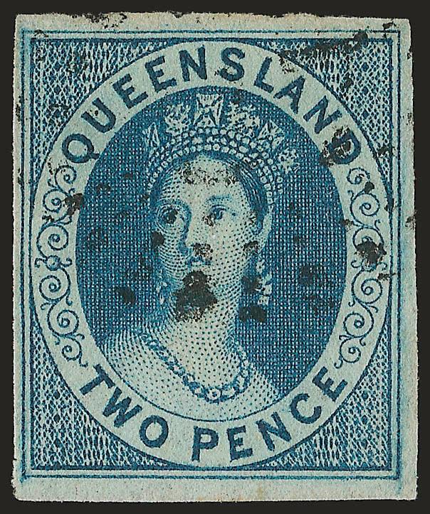 QUEENSLAND, 1860, 1p-3p Victoria (1-3).> The complete First Issue imperforate set, ample to large margins essentially all around, neat cancels of the period, Fine-Very Fine, SG £3,300