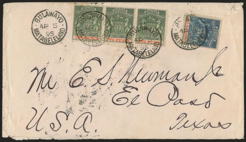 RHODESIA, 1890-94, -12p Blue and Vermilion, 2p Gray Green and Vermilion (1, 3 SG 18, 20).> Single of former, horizontal strip of three of latter, tied by Bulawayo Matabeleland Ap 5 95 circular datestamps on
1895 cover to El Paso Texas, some cover