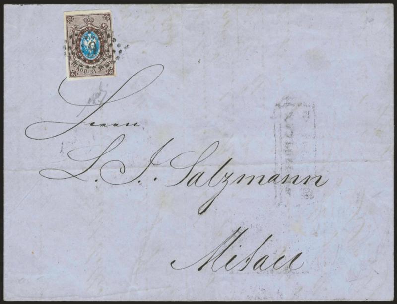 RUSSIA, 1857, 10k Brown & Blue (1).> Large margins, tied by 9 in oval of dots, Taurrogen boxed handstamp on Sept. 23, 1858 folded cover to Mittau, Very Fine and choice, signed H. Bloch