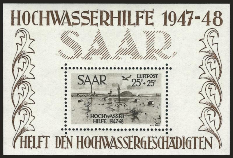 SAAR, 1948, 25fr+25fr Flood Relief Souvenir Sheet (CB1a Michel Block 2).> Mint N.H., Very Fine, Michel value 600 Euros