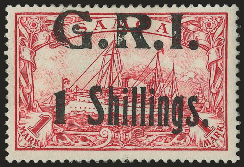 SAMOA, 1914, 1sh on 1m Carmine (110 SG 110).> Unused (regummed), Very Fine, with 2007 B.P.A. certificate, SG £3,250 as original gum, Scott Retail as original gum