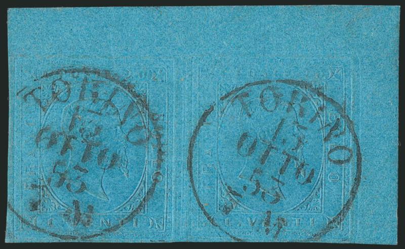 SARDINIA, 1853, 20c Dull Blue, Embossed (5 Sassone 5).> Top right corner margin horizontal pair, close at left and bottom, fresh and bright paper, clear and crisp embossing, cancelled by two neat strikes of
Torino 15 Otto 53 circular datestamp, Ex