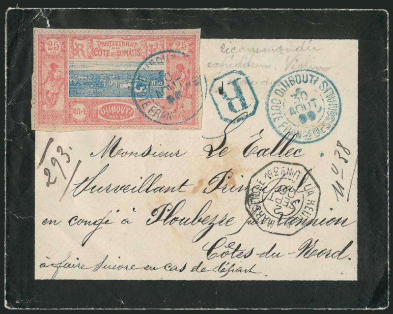 SOMALI COAST, 1894, 15c and 25c Pictorials (12-13).> Former on back, latter on front of 1900 RegisteredMourning cover, tied by blue Djibouti Aug. 30, 1900 double circle datestamp, other transits and handstamps,
minor cover edge flaws, Fine-Very Fine