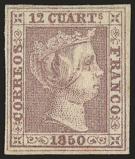 SPAIN, 1850, 12c Lilac (2).> Unused (no gum), margins all around, Fine and attractive, Roig handstamp guarantee and with 1968 A.I.E.P. certificate