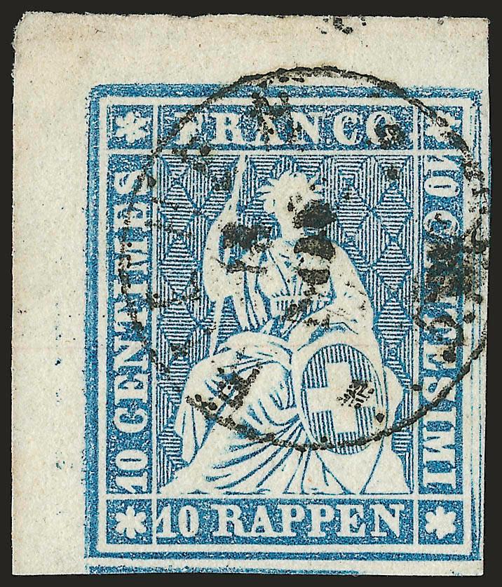 SWITERLAND, 1855, 10r Blue, Second Bern Printing (27 Zumstein 23Cd).> Fabulous margins incl. top left sheet corner, <shows interesting frame variety at right> (Zumstein 23Cd.2.02), light Riehen 5. Pk. circular
datestamp, Extremely Fine, with 1992 Re