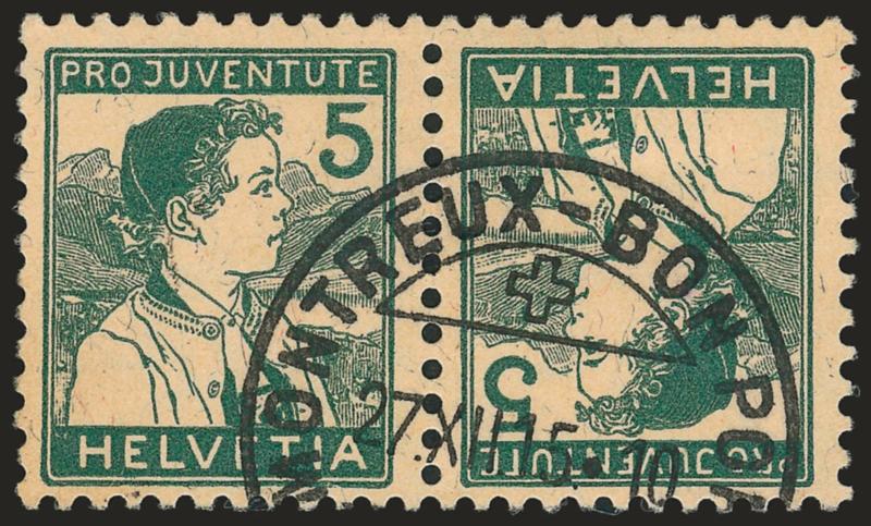 SWITZERLAND, 1915, 5c Green on Buff, Tete-Beche Pair (B2a).> Bold Dec. 27, 1915 circular datestamp, Very Fine, several signatures