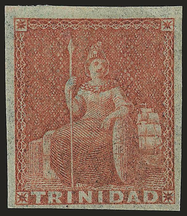 TRINIDAD, 1856, (1p) Brick Red, Blued Paper (1, SG 8).> Ample to large margins, original gum, h.r., fresh and Very Fine, ex Lilly, SG £170