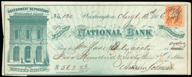 Andrew Johnson.> Signature <as President> at bottom of attractive green illustrated Aug. 13, 1866 First National Bank check for $563.46, 2c Orange Bank Check perforated stamp at top right personally initialed
AJ, fresh and Fine