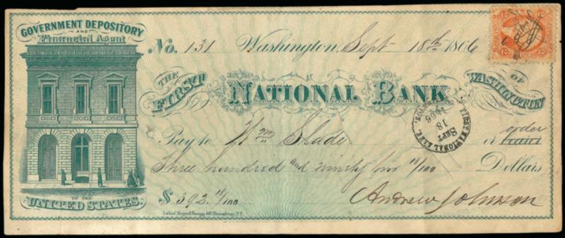 Andrew Johnson.> Signature <as President> at bottom of attractive illustrated Sept. 18, 1866 check for $392.18, 2c Orange Bank Check Perforated personally initialed AJ at top right, Fine, with engraved portrait
with facsimile signature beneath