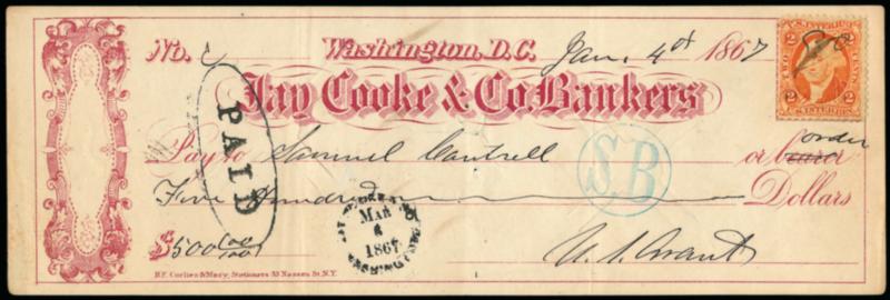 Ulysses S. Grant.> Signature on Jay Cooke and Co. Bankers check dated Jan. 4, 1867 for $500.00, 2c Orange U.S.I.R. Perforated at top right, usual cut cancels, Very Fine, with engraved portrait with facsimile
signature beneath