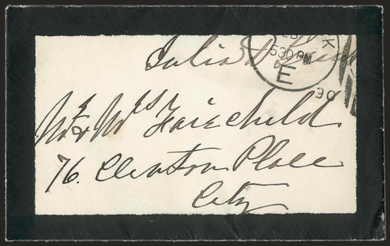 Julia Dent Grant.> Widow of Ulysses S. Grant, free frank <<Julia D. Grant>> on <mourning> cover to local New York City address, New York Feb. 7, 1890 duplex cancel struck partly off top of cover, <with original
enclosure> which has similar mourni