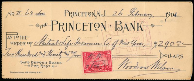 Woodrow Wilson.> Signature on Feb. 26, 1901 Princeton Bank check for $290.00, 2c Battleship Revenue stamp with Wilsons personal initials W.W. and date, check drawn while Wilson was Professor of Political
Science at Princeton where the following ye