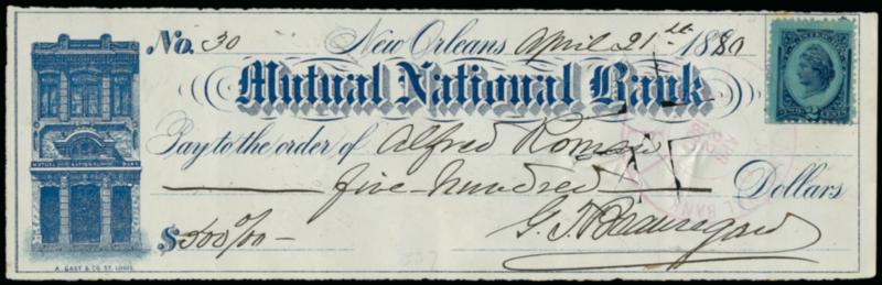 Pierre G. T. Beauregard.> Confederate General, signature on Apr. 21, 1880 Mutual National Bank check with 2c Blue Revenue R152 at top right, Very Fine, with engraved portrait with facsimile signature
beneath