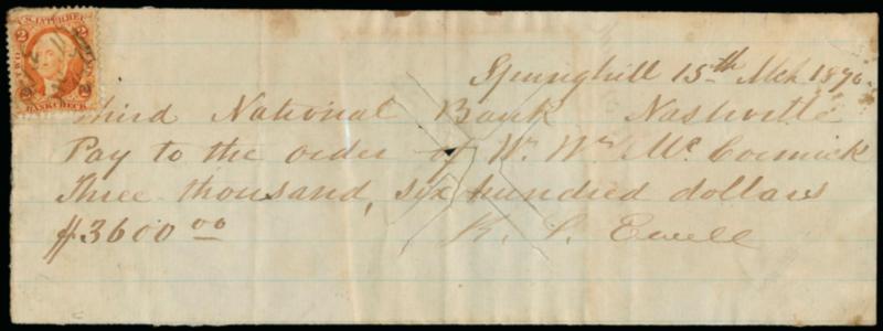 Richard S. Ewell.> Confederate States General nicknamed Old Baldy, signature on Mar. 15, 1870 handwritten check for $3,600 drawn on the Third National Bank in Nashville, Tenn., 2c Orange Bank Check perforated
revenue at top left cancelled by Ewell