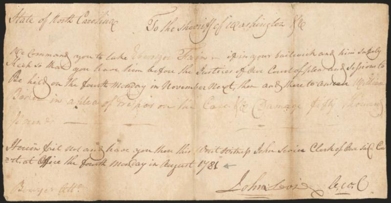 John Sevier.> Revolutionary War officer, first governor of Tennessee, governor of the State of Frankland, which was established in 1784 but later absorbed into Tennessee, autograph document signed <<John
Sevier>>, dated Aug. 29, 1781, headed <<S