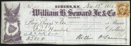 William H. Seward, Gideon Welles.> Lincoln Cabinet Members, Secretaries of State and the Navy respectively, signatures on separate checks with 2c First Issue Perforated Revenues, each stamp personally
initialed, Very Fine, with engraved portraits wit