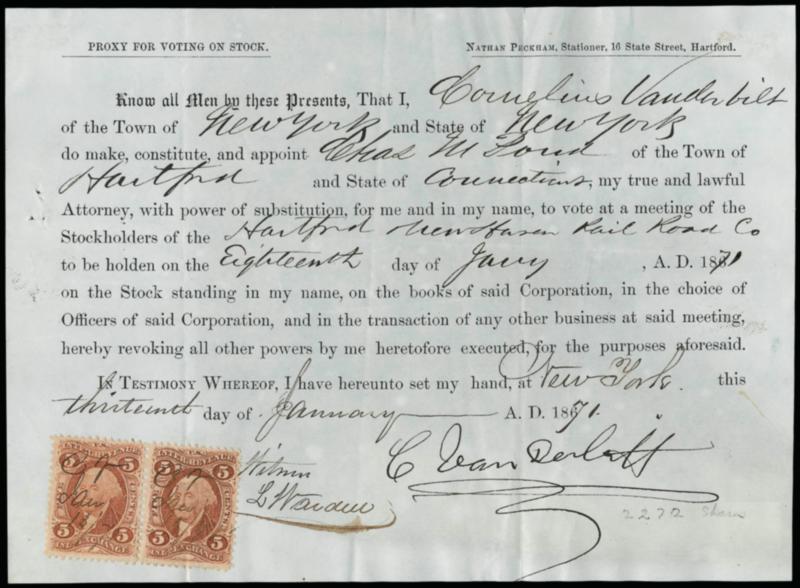 Cornelius Vanderbilt.> Railroad tycoon, Dutch style signature (Van Derbilt in two words) on a Jan. 13, 1871 Power of Attorney for proxy voting on stock of the Hartford and New Haven Railroad, tax paid by
horizontal pair 5c Inland Exchange First Iss