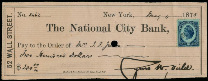 Checks Signed by Famous Americans.> Ten, nine different, all with appropriate 2c tax paid by adhesive, stamped paper or handstamp, incl. Cyrus W. Field (laid first successful Atlantic cable), Joseph Pulitzer
(publisher), Cyrus H. McCormick (reaper in
