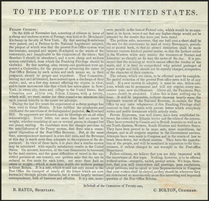 Circular, New York Committee on Postage.> Folded printed circular docketed <<12th Mo. 12th 1843 Circular, C. Bolton Chm., New York Committee on Postage>> and addressed to George Sykes as Member of Congress in
Washington, circular headed To the Peo