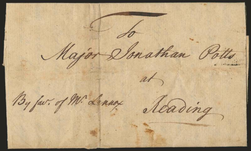 (Revolutionary War--Military Express, 1775) By fav. of Mr. Lennox.> Folded letter from James Riddle to Major Jonathan Potts at Reading Pa., dated July 7, 1775, interesting military content including statement
<<The Congress have this day signed an