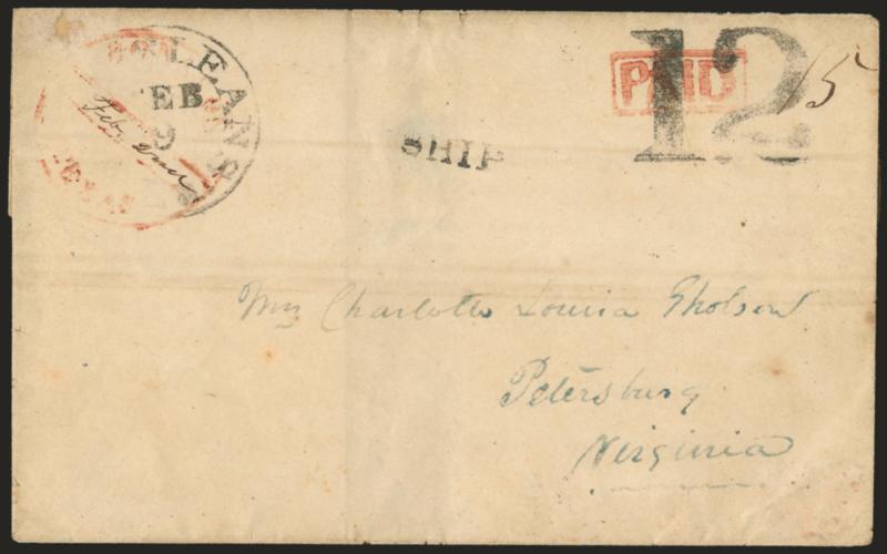 Houston Texas Feb. 2nd.> Red circular datestamp with date in ms., matching red framed Paid and ms. 15 rate on folded cover to Petersburg Va., New Orleans La. Feb. 9 circular datestamp, Ship and 12 handstamps,
minor wear, Very Fine, scarce u