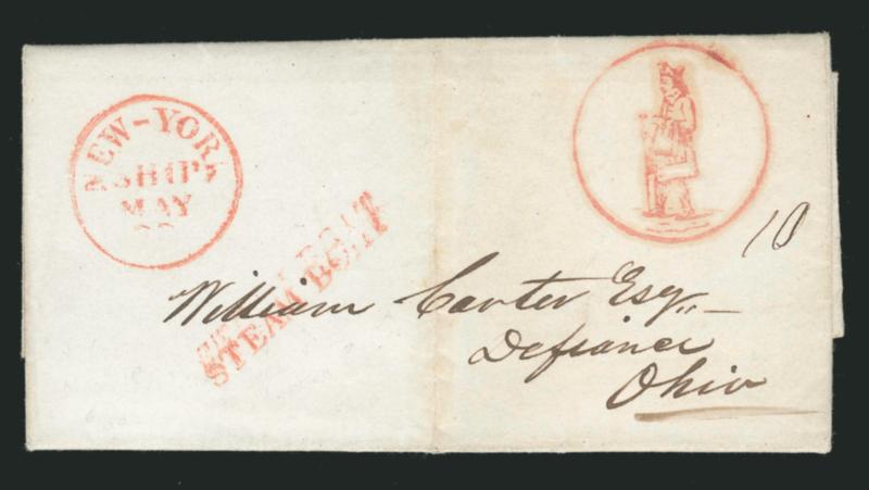 Steamer Knickerbocker.> Sharply-defined and detailed strike of orange-red Father Knickerbocker in circle handstamp on folded letter datelined <<New York, May 18, 1846>> from Aaron Claflin at 253 Pearl Street to
William Carter in Defiance O., red