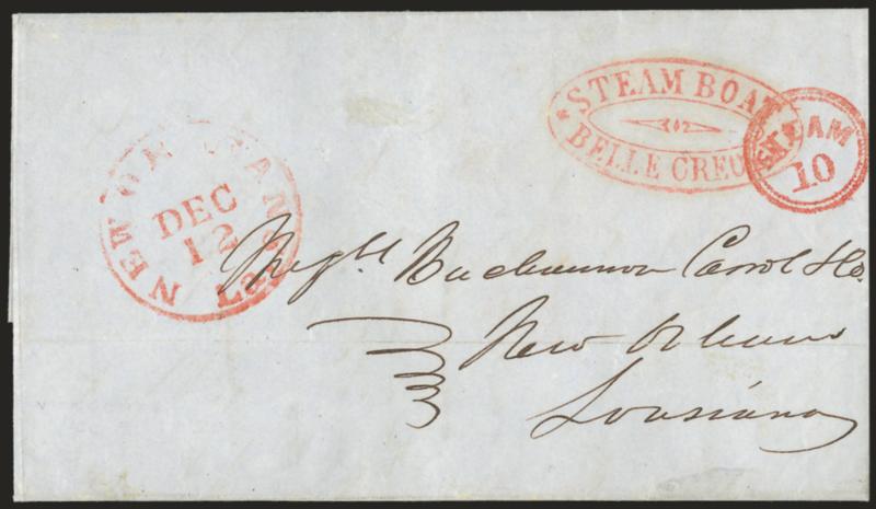 Steam Boat Belle Creole.> Well-struck red oval handstamp on blue 1850 folded letter datelined <<Vicksburg Dec. 9, 1850>> to New Orleans, red New Orleans La. Dec. 12 circular datestamp with matching Steam 10 in
double circle, fresh and Very Fine