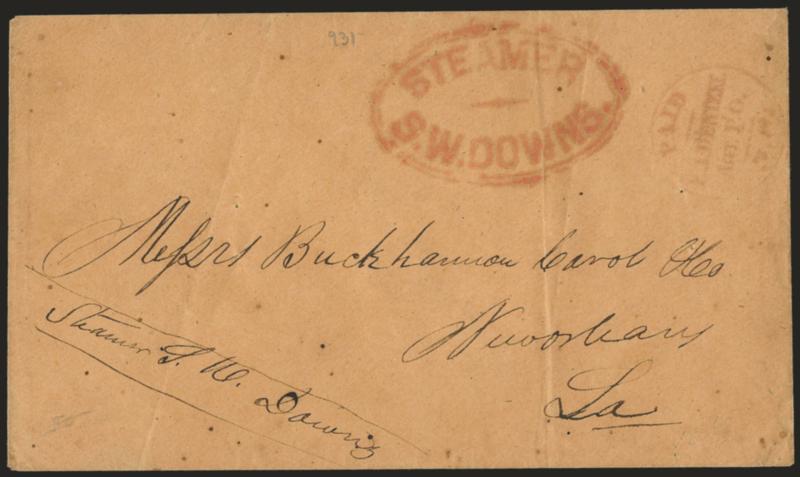 Steamer S. W. Downs.> Well-struck red oval handstamp on buff cover to New Orleans, matching Paid, E. A. Dentzel, Agt. P.O., N.O. handstamp, light file folds, Very Fine example of this scarce marking