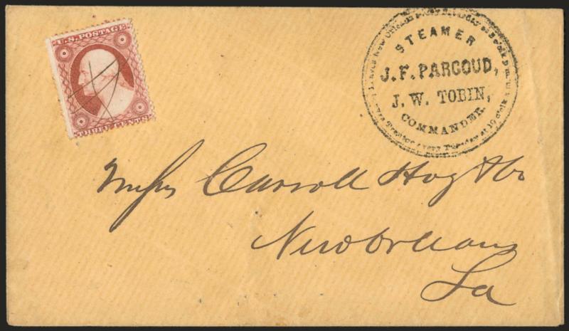 Steamer J. F. Pargoud, J. W. Tobin, Commander.> Well-struck handstamp on cover bearing 3c Dull Red, Ty. III (26), pen cancelled, to New Orleans, Very Fine, Chases notes on back
