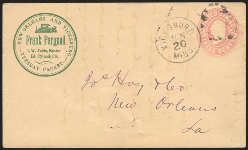 Frank Paragoud.> Green corner card for New Orleans and Vicksburg Tuesday Packet on 3c Pink entire to New Orleans, cancelled by Vicksburg Miss. Jun. 20 duplex, usual small filing holes, Very Fine