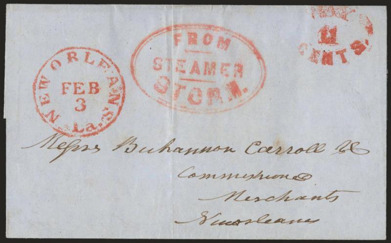 From Steamer Storm.> Well-struck red oval handstamp on blue folded cover to New Orleans, also with red Way 11 Cents and New Orleans La. Feb. 3 circular datestamp, light vertical file fold, Very Fine, a pretty
cover
