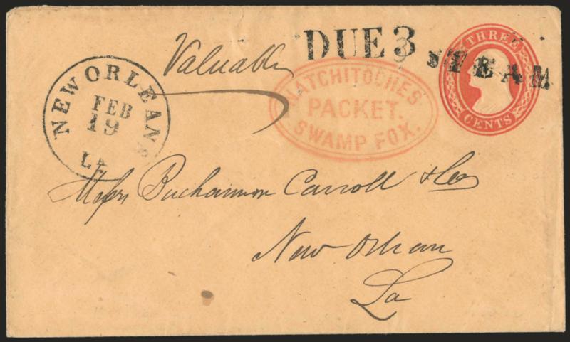 Natchitoches Packet, Swamp Fox.> Red oval handstamp on 3c Red Nesbitt entire to New Orleans, cancelled by Steam handstamp, New Orleans La. Feb. 19 circular datestamp with matching Due 3 handstamp, ms.
<<Valuable>>, fresh and Very Fine, probab
