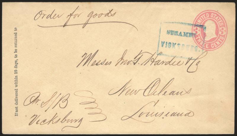 Steamer Vicksburg.> Blue boxed handstamp cancels 3c Pink entire to New Orleans, fresh and Very Fine