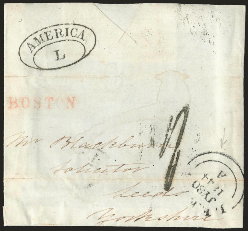 BOSTON British Agents Handstamp.> Red straightline applied by British agent T. W. Moore on large part of folded cover sent by Cunarder to Lees, England, AmericaL oval backstamp, 1- due handstamp, Leeds JY30
1844 A circular datestamp, reduc