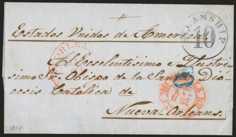 Steamship 10.> Neat handstamp on inbound blue folded cover to New Orleans, red New Orleans La. Mar. 21 circular datestamp, red and blue origin markings at lower right, fresh and Very Fine