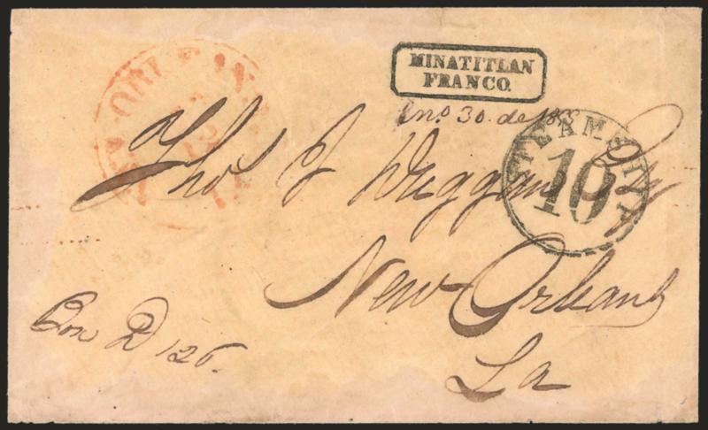 Steamship 10.> Bold handstamp on cover to New Orleans, red New Orleans La. ? 12 circular datestamp, also with Minatitlan Franco framed handstamp, some repairs around edges and some overall wear, still
Fine