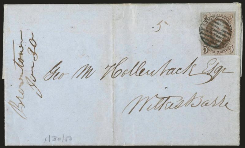 5c Dark Red Brown (1).> Clear to large margins, rich color, tied by <black> grid on Jan. 30, 1850 folded letter to Wilkes-Barre Pa. headed Wyalusing but with ms. <rownstown Jan 30>> docketing, ms. 5 rate,
writer asks uncle for a loan to buy lum