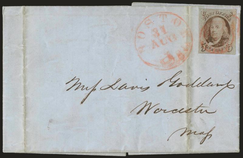 5c Brown (1).> Ample to large margins, tied by red grid, matching Boston 5cts Aug. 31 integral-rate circular datestamp on 1847 folded letter to Worcester Mass., light soiling along cover file folds, stamp with
light bend from cover fold and minute