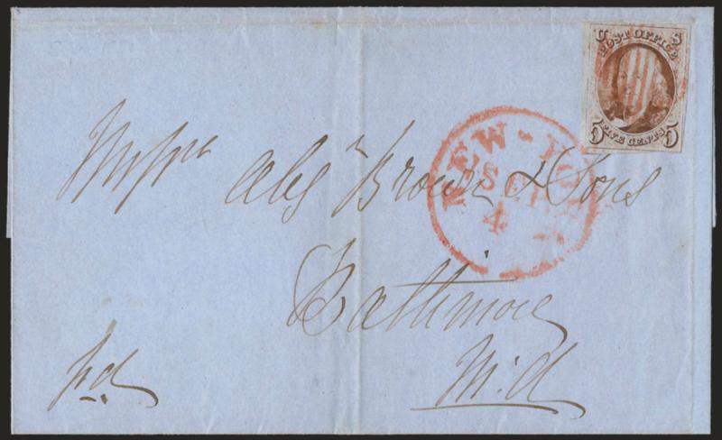 5c Red Brown (1).> Margins virtually all around, by red square grid and matching New-York Sep. 4 circular datestamp on folded cover to Baltimore Md., stamp has small fault at bottom right corner, otherwise
Fine, with 1978 P.F. certificate