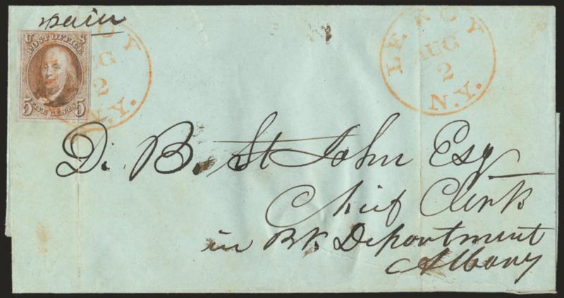 5c Red Brown (1).> Large even margins, bright shade, tied by one of two strikes of <red> Le Roy N.Y. Aug. 2 circular datestamp on green folded cover to Albany N.Y., two sharp file folds, one thru stamp, still
very attractive, the stamp appears to b