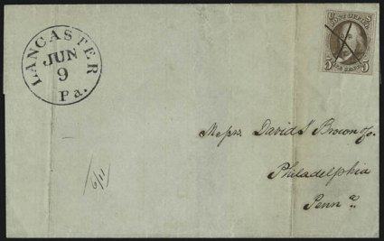 5c Brown (1).> Two, first has clear to large margins, ms. X cancel, bold black Lancaster Pa. Jun. 9 circular datestamp on folded cover to Philadelphia, other has three margins, tied on piece by red grid,
matching Boston 5cts 17 May integral-rat