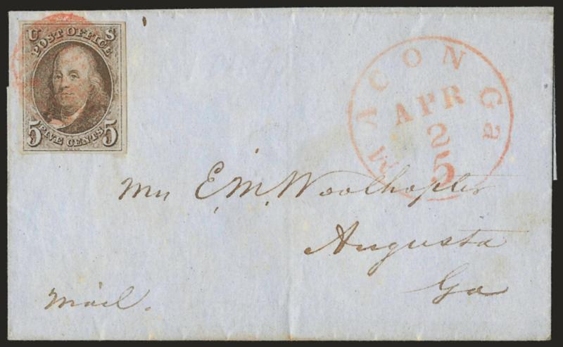 5c Red Brown (1).> Full margins, red cancel, affixed to cover but did not originate, some overall toning, otherwise Very Fine, Scott Retail as off cover