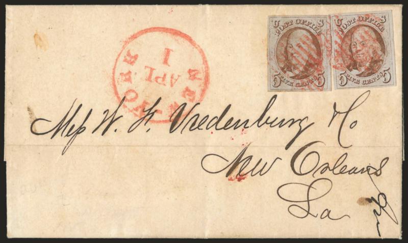 5c Red Brown (1).> Two, each with full to large margins, tied together by by red square grids, matching New-York Apl. 1 circular datestamp on 1851 folded letter to New Orleans, horizontal file fold well clear
of stamps, Very Fine and attractive Ap