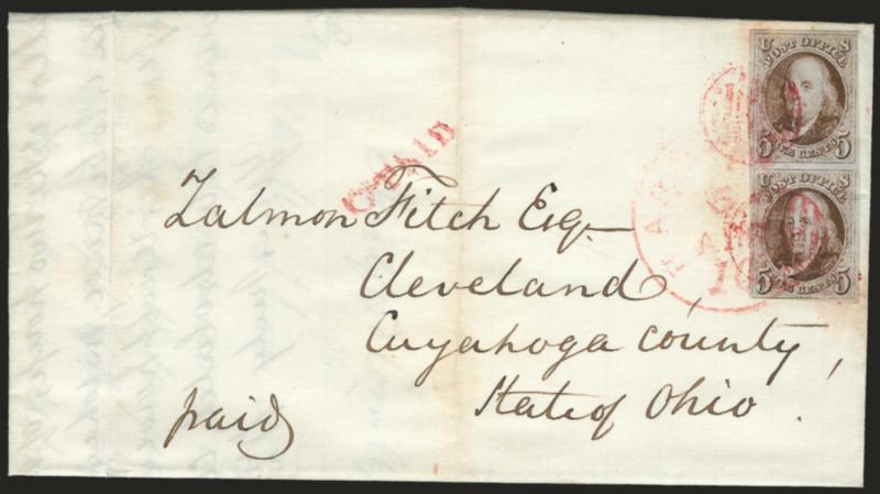 5c Red Brown (1).> Vertical pair, large margins to just touched, tied by <magenta grids> and matching Hartford Ct. 10 5 Apr. integral-rate circular datestamp on 1849 folded letter to Cleveland O., clear strike
of matching <Paid with pointing hand